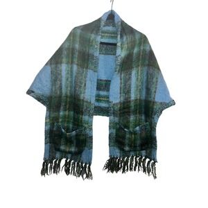 Donegal Design Mohair Wool Plaid Pocket Shawl Wrap Blue Green Ireland